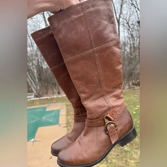 Clarks Brown Leather Riding Boots Harness Strap Mid Calf Women’s 8 Classic - Picture 5 of 14